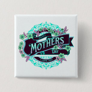 Vintage Happy Mother's Day Green Purple Floral 15 Cm Square Badge