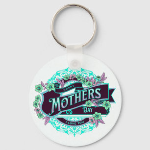 Vintage Happy Mother's Day Green Purple Floral Key Ring