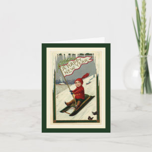 Vintage Happy New Year Boy and Sled Note Card