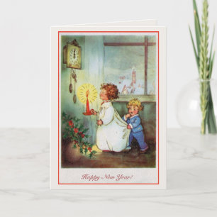 Vintage Happy New Year children clock Holiday Card