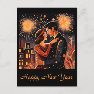 Vintage Happy New Year Fireworks Art Deco Couple Postcard