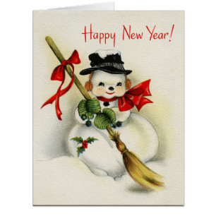 Vintage Happy New Year Snowman BIG Greeting Card