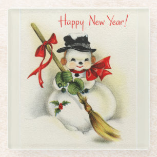 Vintage Happy New Year Snowman Glass Coaster