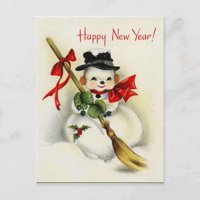 Vintage Happy New Year Snowman Postcard (Front)