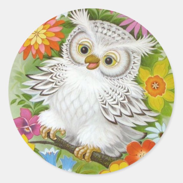 Vintage Happy Owl In Flowers Classic Round Sticker (Front)