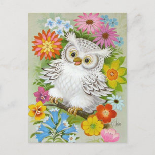 Vintage Happy Owl In Flowers Postcard