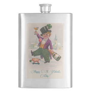 Vintage Happy St Patricks Day Shamrock Champagne Hip Flask