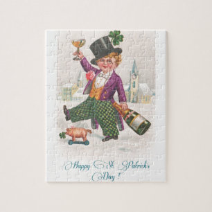 Vintage Happy St Patricks Day Shamrock Champagne Jigsaw Puzzle