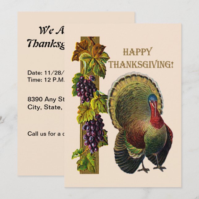 Vintage Happy Thanksgiving Turkey and Grapes, ZPR Invitation (Front/Back)