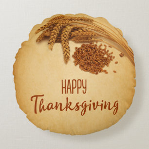 Vintage Happy Thanksgiving Wheat Corn Round Cushion
