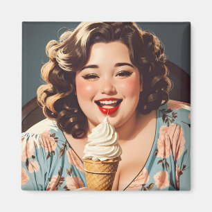 Vintage Happy Woman Eating Ice Cream Magnet