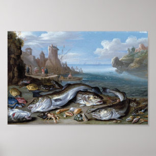 Vintage Harbour Scene with Fish Poster