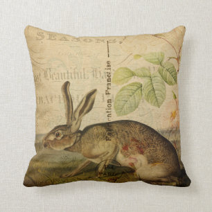 Vintage Hare Animal Illustration Floral Collage Cushion