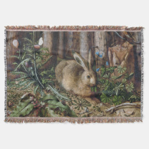 Vintage Hare Woodland Nature Dark Cottagecore Throw Blanket