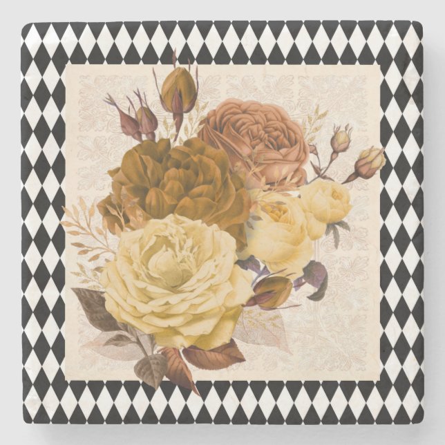 Vintage Harlequin Garden Roses  Stone Coaster (Front)