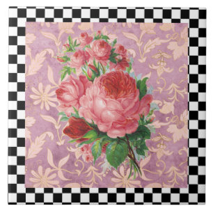 Vintage Harlequin Pink Roses  Ceramic Tile
