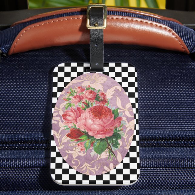 Vintage Harlequin Pink Roses  Luggage Tag (Front Insitu 2)