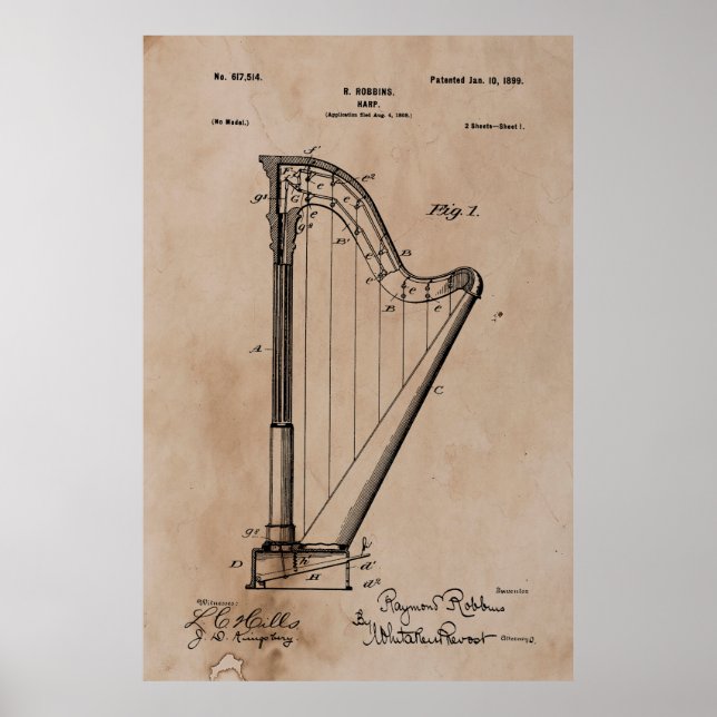 Vintage Harp Patent Poster (Front)