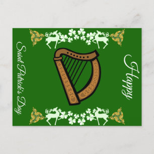 Vintage Harp Saint Patrick's Day Shamrock Celtic  Holiday Postcard