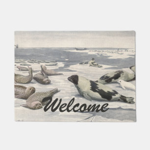 Vintage Harp Seals in Arctic Snow by Louis Fuertes Doormat