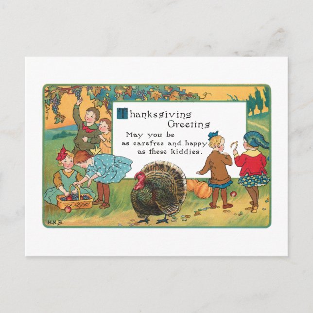 Vintage Harvest Children and Thanksgiving Verse Holiday Postcard (Front)