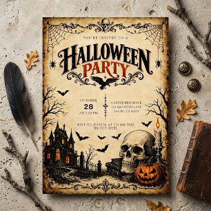 Vintage Haunted House and Skull Halloween Party Invitation