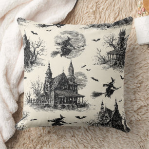 Vintage Haunted House and Witch Toile Pattern (2) Cushion