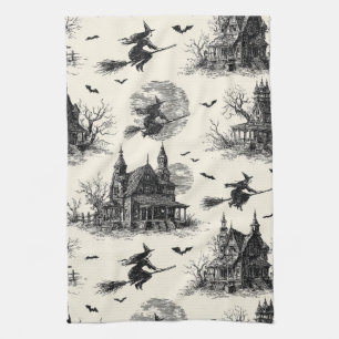 Vintage Haunted House and Witch Toile Pattern (2) Tea Towel
