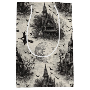 Vintage Haunted House and Witch Toile Pattern Medium Gift Bag