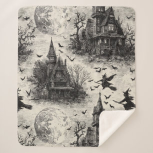 Vintage Haunted House and Witch Toile Pattern Sherpa Blanket