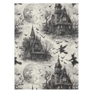 Vintage Haunted House and Witch Toile Pattern Tablecloth