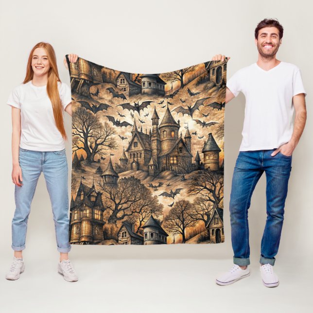 Vintage Haunted House Fleece Blanket (In Situ)