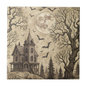 Vintage Haunted House & Full Moon Ceramic Tile