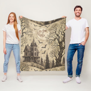 Vintage Haunted House & Full Moon Fleece Blanket