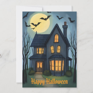 Vintage Haunted House Watercolor Halloween Holiday Card