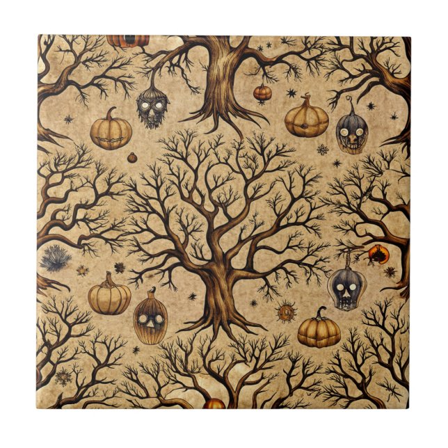 Vintage Haunted Trees & Pumpkin Lanterns Pattern Ceramic Tile (Front)