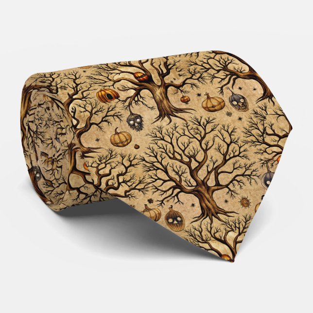 Vintage Haunted Trees & Pumpkin Lanterns Pattern Tie (Rolled)