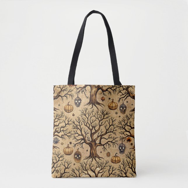 Vintage Haunted Trees & Pumpkin Lanterns Pattern Tote Bag (Front)