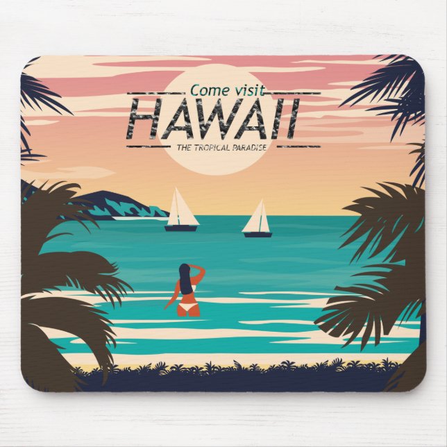 Vintage Hawaii Beach at Sunset Postcard Mouse Pad (Front)