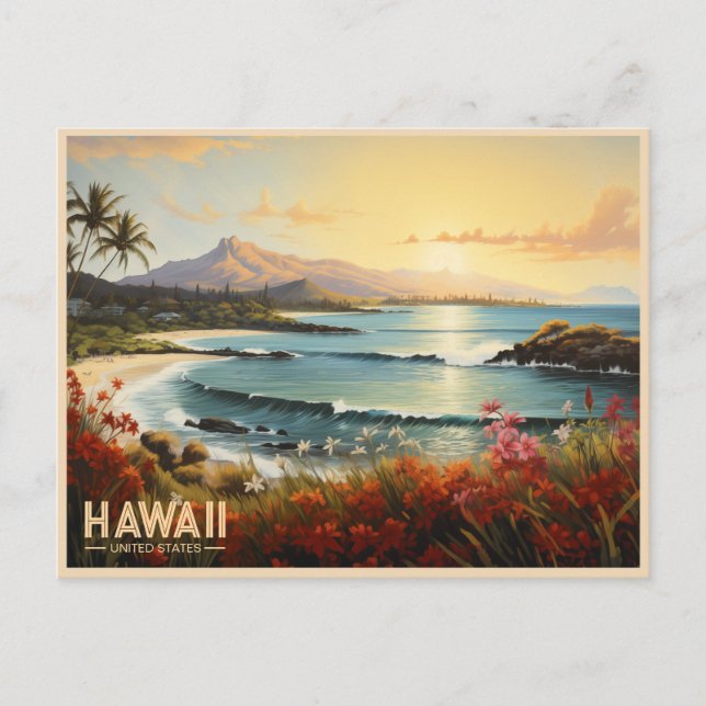 Vintage Hawaii Beach Tropical Paradise Painting Postcard (Front)