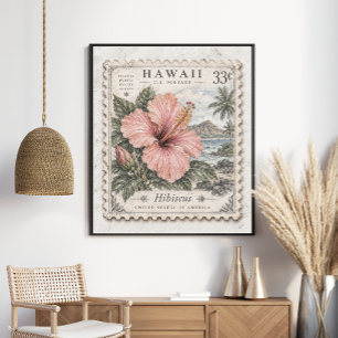 Vintage Hawaii Hibiscus Postage Stamp Tropical Poster