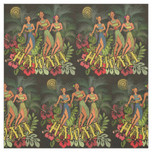 Vintage Hawaii Hula Dancers Retro Tiki Palm Tree Fabric