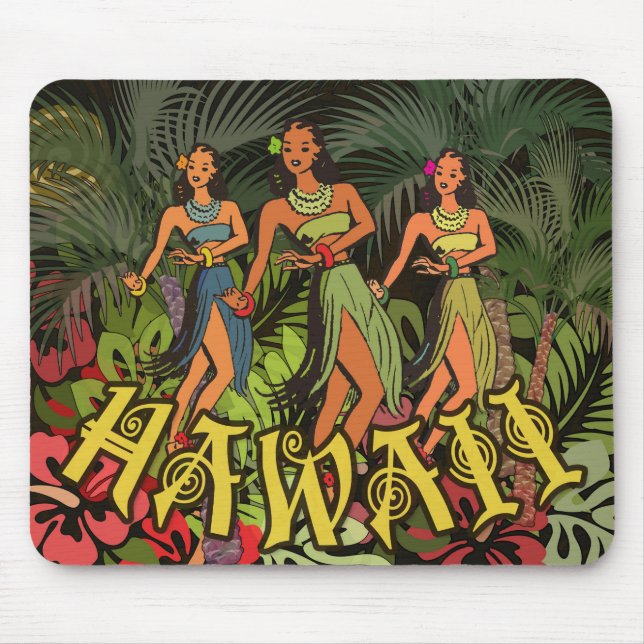 Vintage Hawaii Hula Dancers Retro Tiki Palm Tree Mouse Pad (Front)