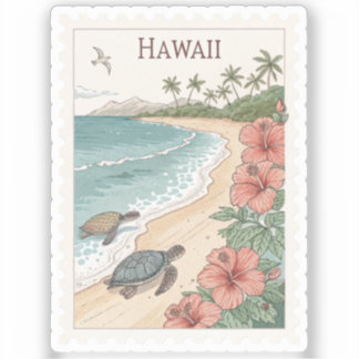 Vintage Hawaii Sea Turtle Hibiscus Beach Stamp