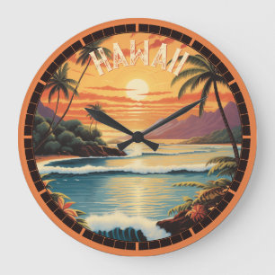 Vintage Hawaii Sunset Painting Sea Beach Towel Large Clock