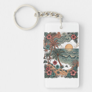 Vintage Hawaii Sunset & Palm Trees Key Ring