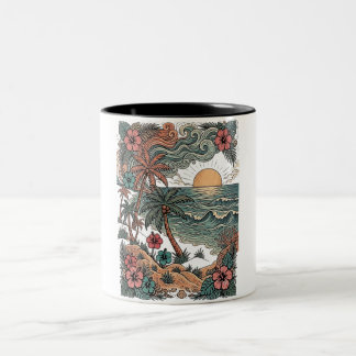 Vintage Hawaii Sunset & Palm Trees Two-Tone Coffee Mug