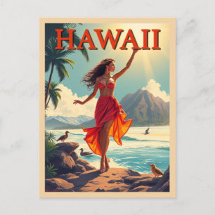 Vintage Hawaii Tropical Beach Ocean Woman Travel Postcard