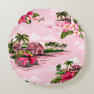 Vintage Hawaiian barkcloth design of tropical isla Round Cushion