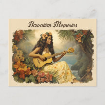 Vintage Hawaiian Guitar Girl Travel Postcard